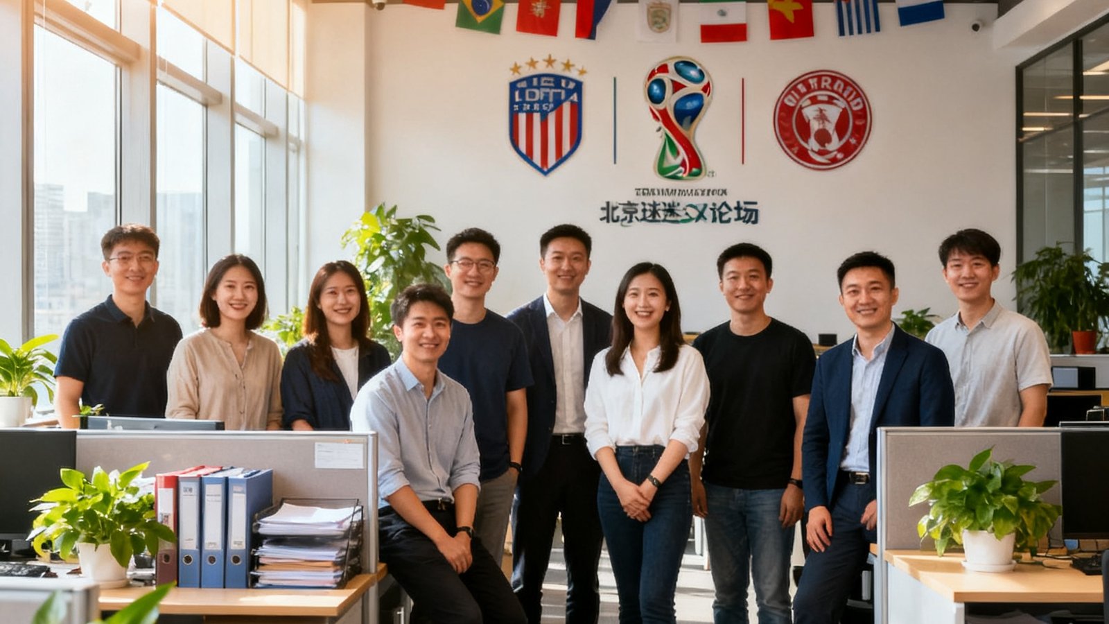 世界杯球迷论坛北京办公室团队合影，员工们在开放式办公区微笑面对镜头，背景墙上挂着各国球队旗帜和论坛Logo，阳光透过落地窗洒入室内